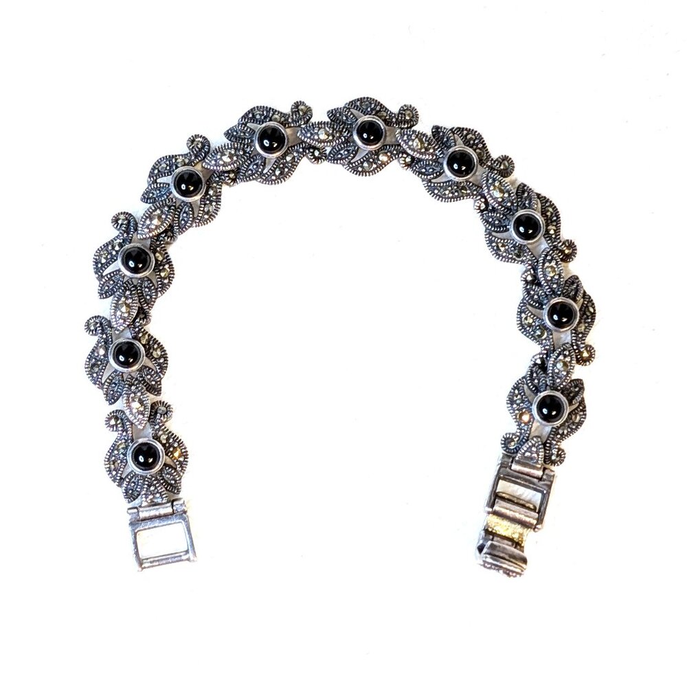 Ornate Sterling Silver Marcasite and Black Obsidian Bracelet